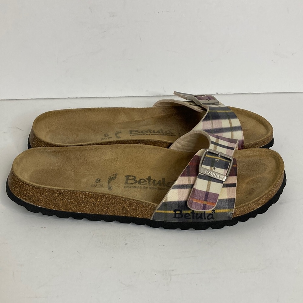 Birkenstock Betula Sandals Womens 8 Narrow Faux Leather Tan Pink Plaid Slides
